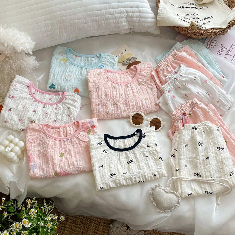 

Летний милый комплект домашней одежды для маленьких девочек, детские пижамные комплекты с цветочным принтом и рисунком, короткая футболка, шорты, костюм с кондиционером