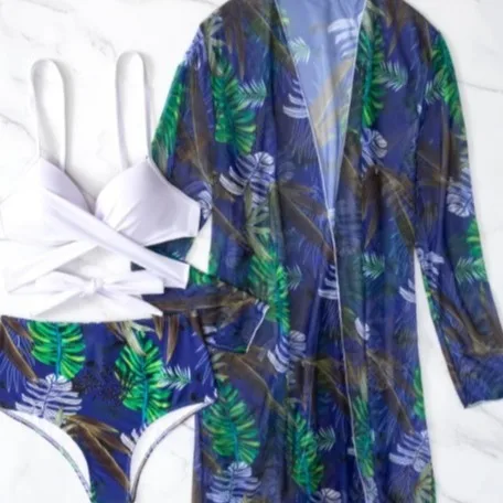2026 Women 3‑Piece Tropical Leaf Bikini Set White Wrap‑Top High‑Waist Bottom Long Sleeve Sheer Kimono Cover‑Up Beach Swimwear
