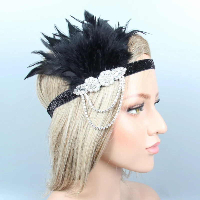 Vintage Feather Headband for Women 1920s Hair Accessories Black Rhinestone Beaded Sequin Elastic Hairband Headwear Headpiece