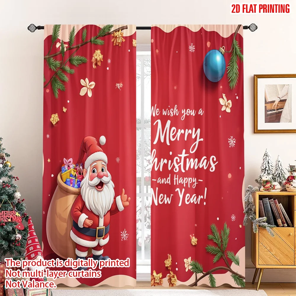 

2pcs 2D flat printing Merry Christmas Curtain Merry Christmas Happy New Year_e 100% Polyester Without Electricity Birthday Party
