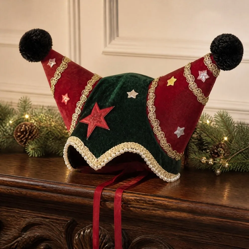 Cute Cone Shape Christmas Clown Hat Lace-up Gliter Star Mardi Gras Cap Circus Decorative Costume Hat Cosplay Dress Up