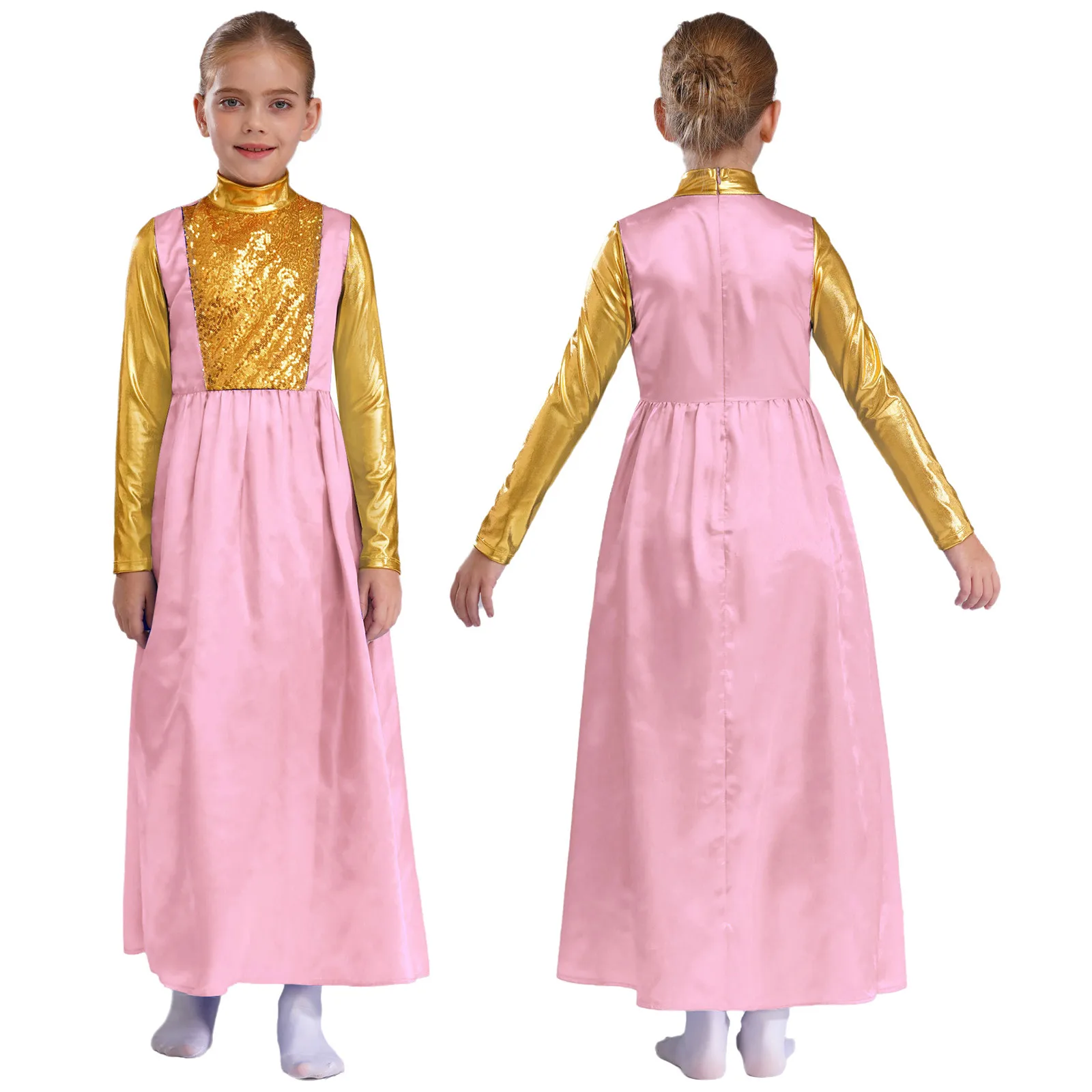 6-16Y الفتيات طويلة الأكمام لامعة الليتورجية فستان رقص غنائي الكنيسة جوقة العبادة الثناء ثوب حفلة مرحلة الأداء Dancewear