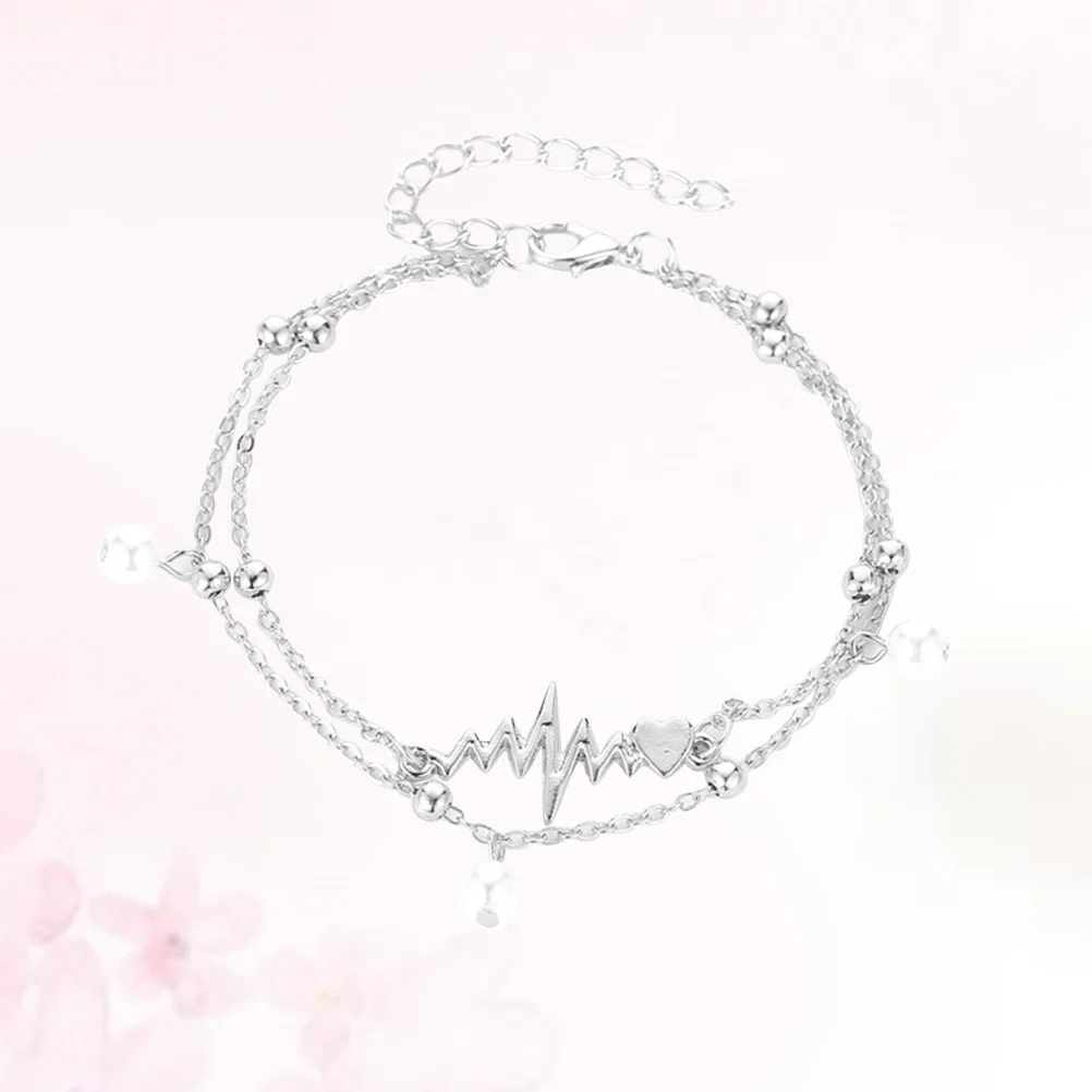 Tobillera de perlas con latido del corazón de doble capa, joyería elegante para pies a la moda para mujeres y niñas, eventos de compras salientes