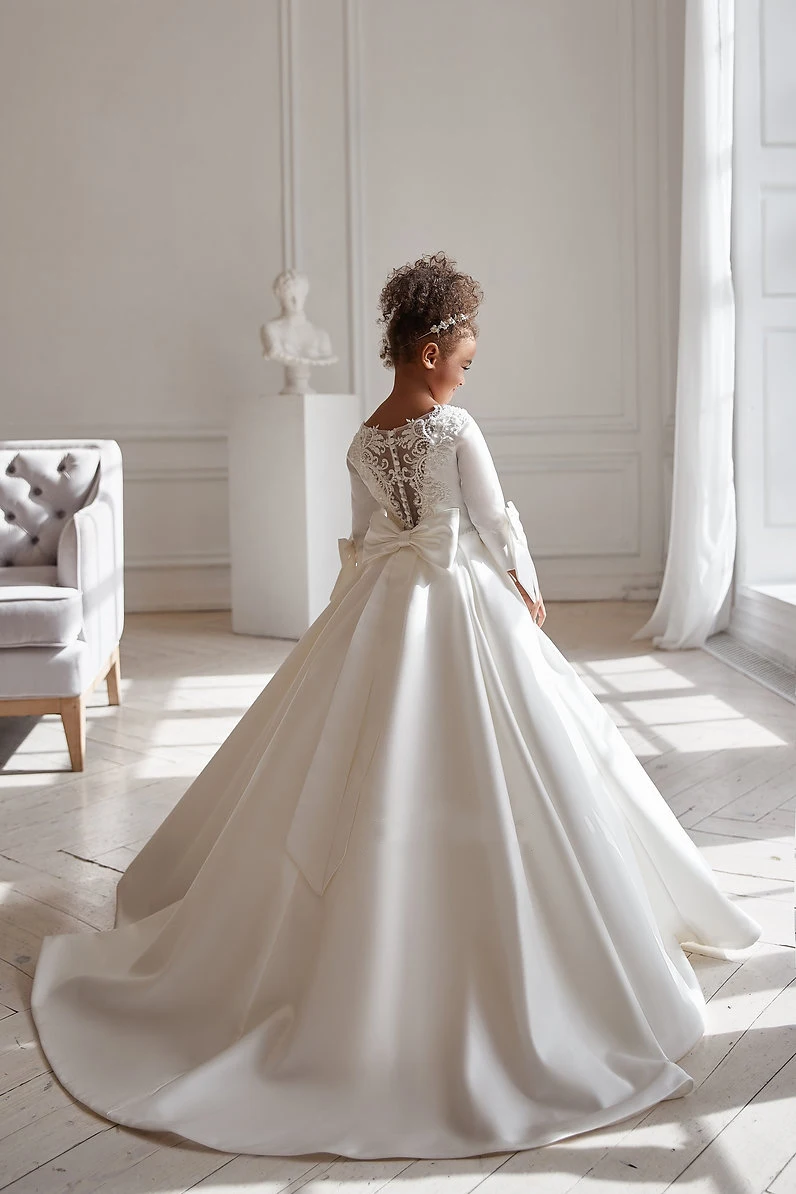 Vestido branco de cetim com arco, mangas compridas, até o chão, primeira comunhão, vestido de baile para casamento, festa infantil