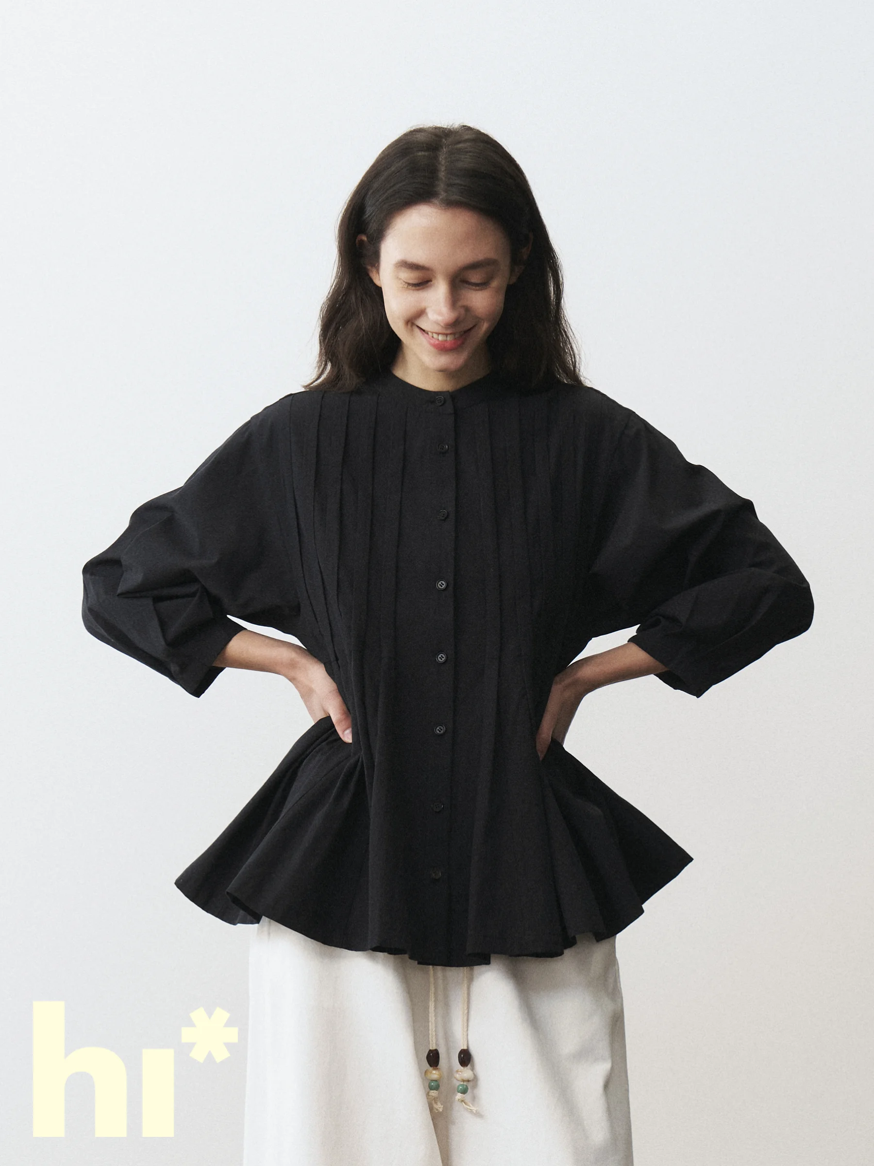 

Haiku Plant Stamps Soft Cotton Shirt with Skirt Hem Seven Sleeve Loose Fit Casual Style Women's Spring Fashion Breathable