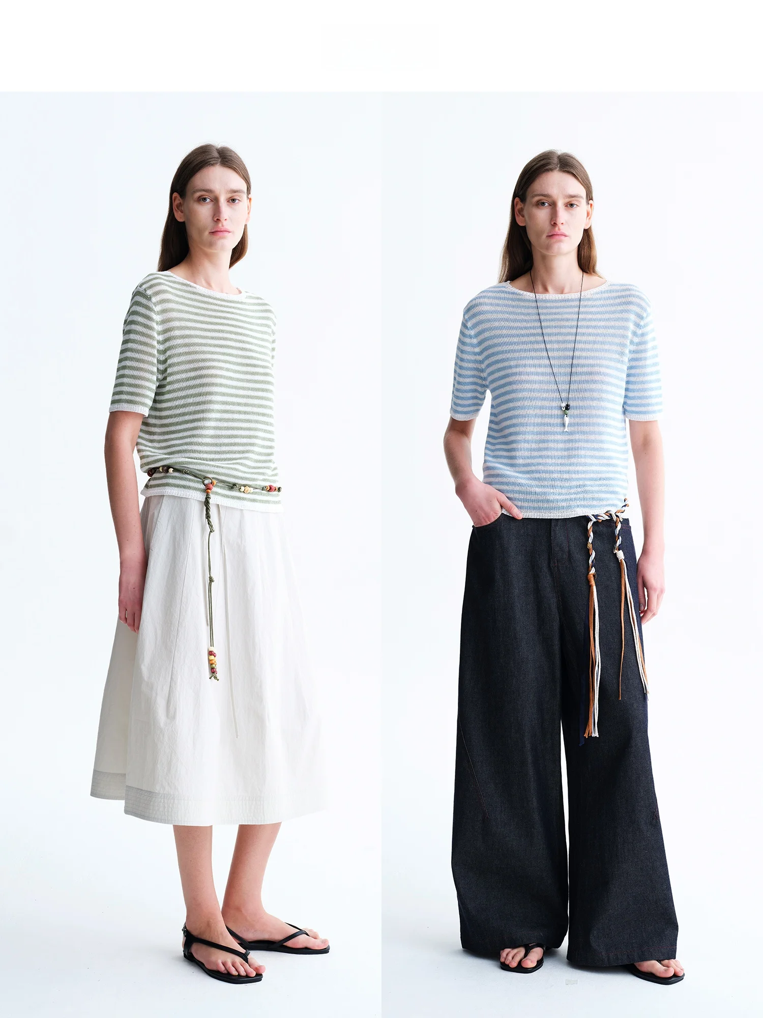 Japanese Washi Paper Summer Striped Minimalist Artistic round Neck Knitted Short Sleeve Top Women's Casual T-shirt Breathable