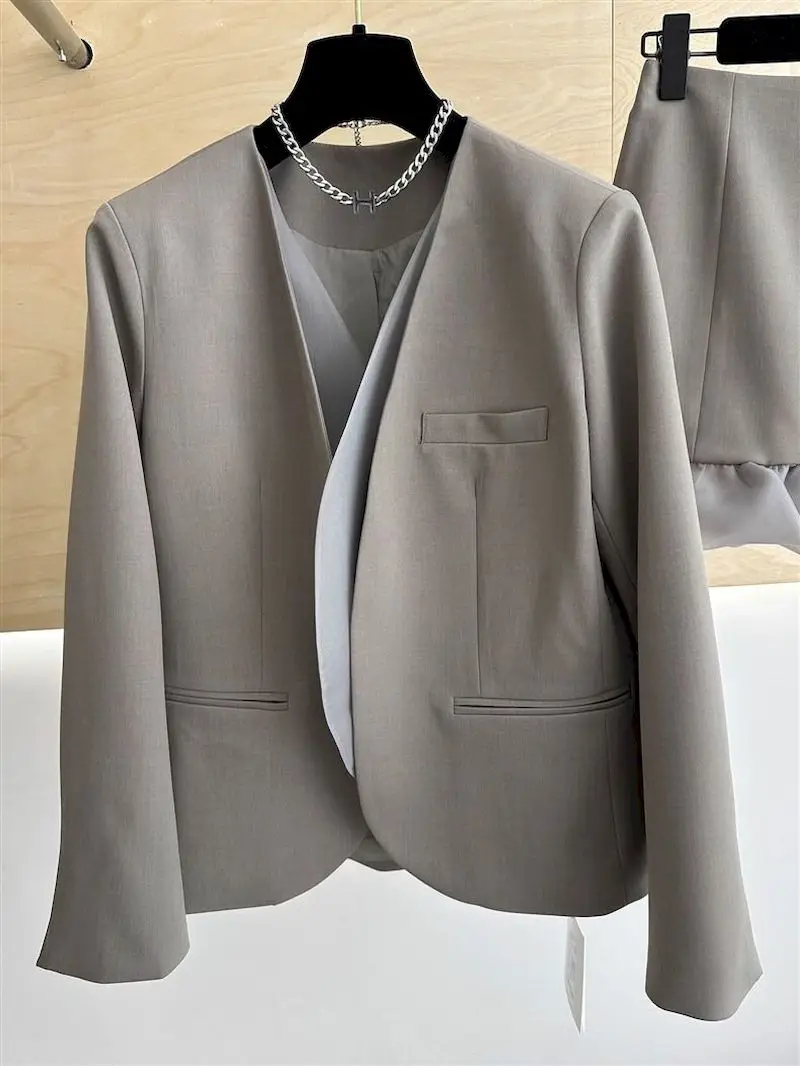 High End Blazer Sets for Women Spring Outfits Fashion Mesh Splicing Ladies Blazers and Fungus Edge Skirt Temperament 2 Piece Set