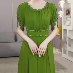 Elegante vestido de manga pétala feminino, elegante vestido plissado emendado de renda, frisado chique na cintura, vestido longo casual com o pescoço, verão