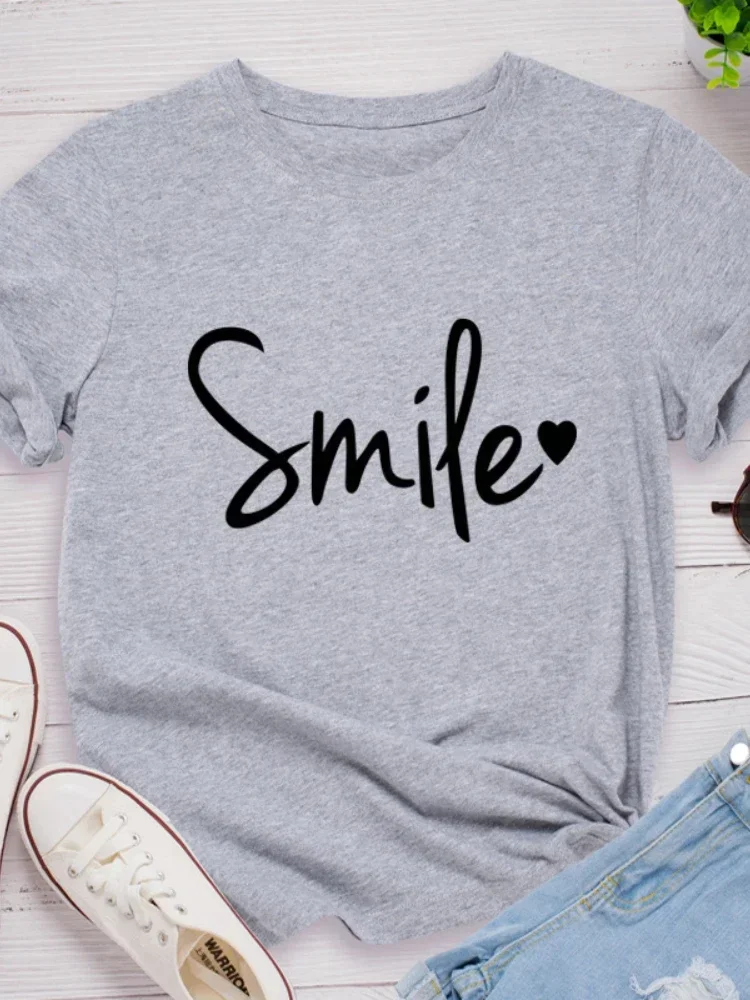 Smile Heart Print Women T-Shirt Camisetas Mujer Summer Short Sleeve Casual Streetwear Top Tee Ladies Daily Wear Clothes