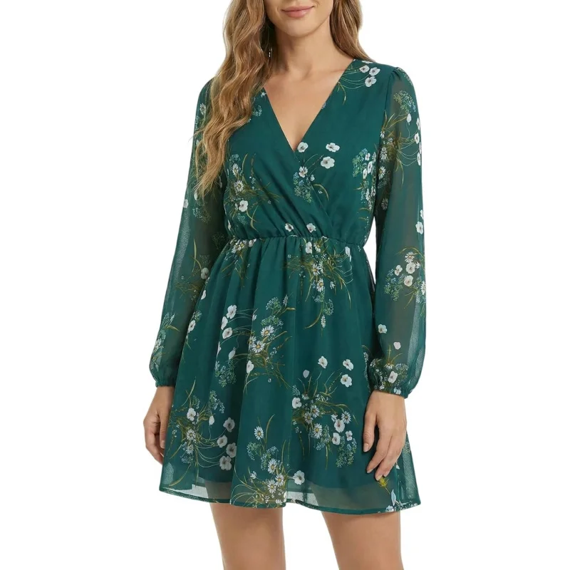 

Women's Elegant V-Neck Chiffon Dress - Long Sleeve Flowy Casual Dresses for Spring & Autumn, Holiday and Party Wear