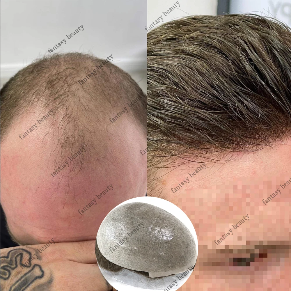 Pele fina Toupee para Homens, Natural Procurando 0,06 Toupee, Ash Blonde, 100% Remy Cabelo Humano, Homem Peruca, Full PU, V Loop, Hairpiece Substituição da Unidade