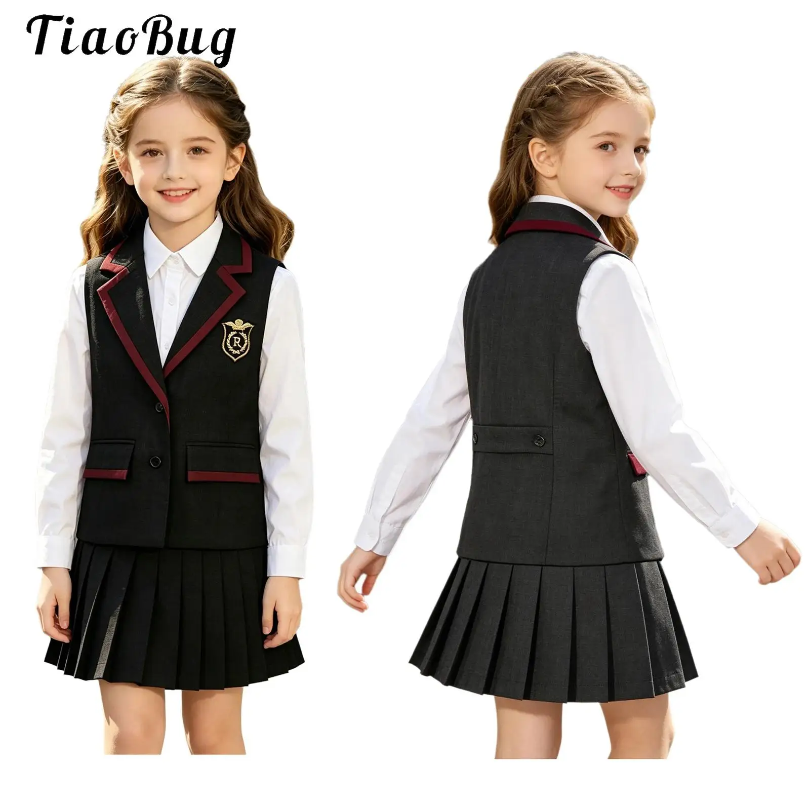 Unisex Kids Sleeveless School Uniform Top Contrasting Trim Tank Top Outwear Lapel Button Pockets Waistcoat Vest