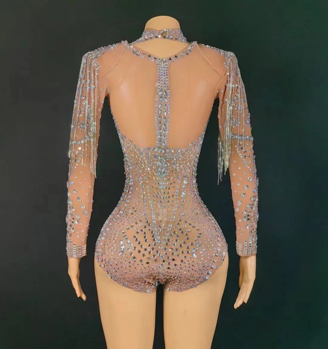 Sparkly Rhinestones Chains Long Sleeve Leotard Women Sexy Performance Dance Costume Singer Dancer Stage Wear Nightclub Outfit