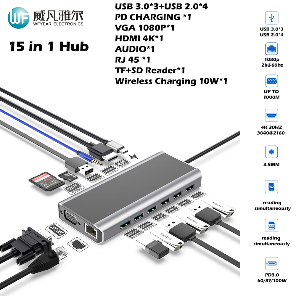 Multi function USB C Hub Docking Station For Macbook Air/Pro M1/M2 Ipad Thunderbolt Laptop HDMI PD SD TF RJ45