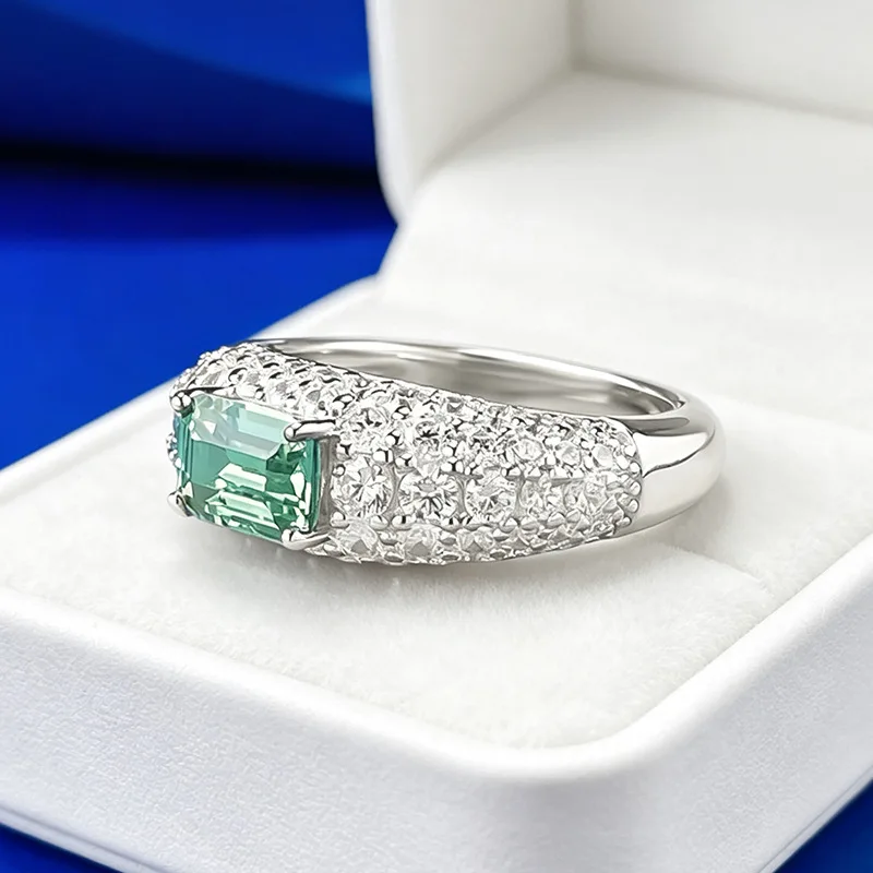 Luxury white gold solid platinum PT950 mint green pave ring for women 5*7mm rectangular clean translucent small fresh