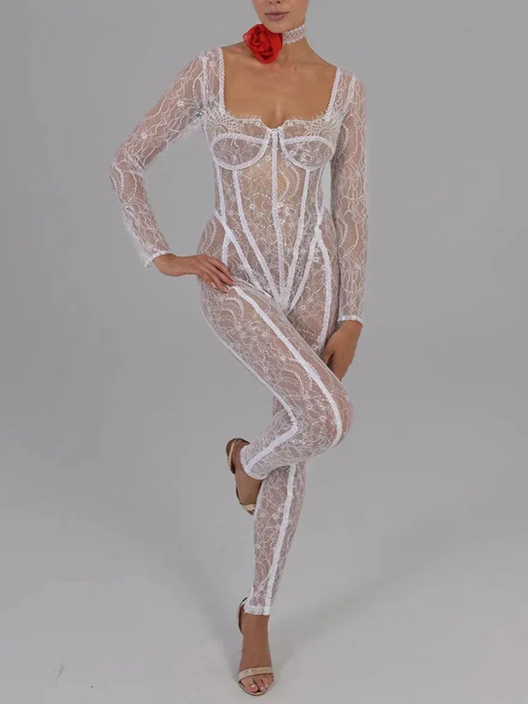 Mozision Lace See Through Long Sleeve Sexy Jumpsuit Square Collar Backless Skinny Night Club Party Jumpsuits Elegant Clothes