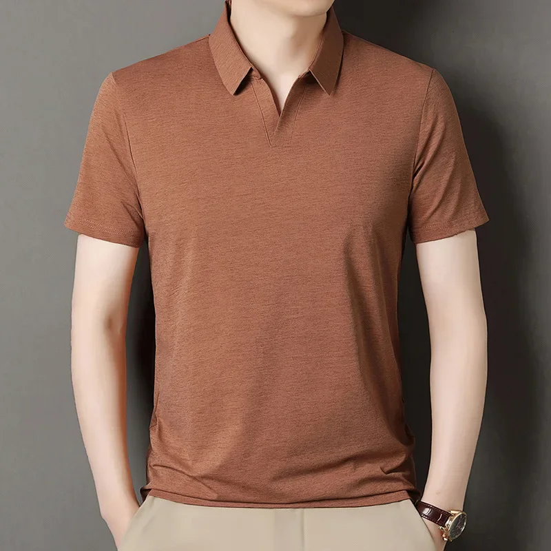 GELITAYIN Men Lapel T Shirts Short Sleeve Anti-wrinkle Soft Cool Ice Silk Solid Polo Shirt Slim Fit Breathable Thin Sport Golf T