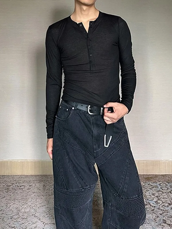 High Elasticity Slim Fit Mesh T-Shirt for Men Long Sleeve round Neck Transparent Sexy Hollow out Henry Shirt Lightweight Spri...