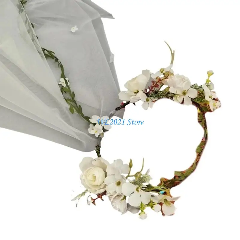 

G5GC Women Wedding Flower Headband Long Tulle Hairband White Color Hairband