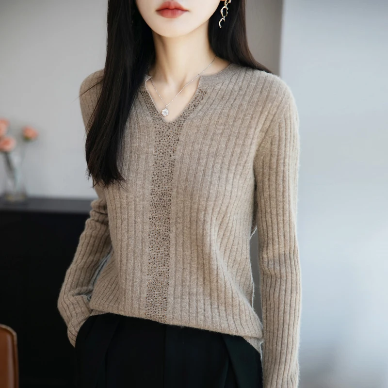

Women's Scissors Collar Pullover Sweater Autumn/Winter New Clothing 100% Wool Knitted Hot Diamond Process Long Sleeves Top