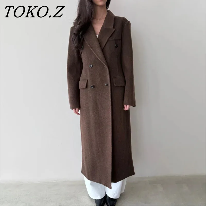 TOKO 2025 Ladies Solid Color Turndown Double-breasted Coat With Pocket Decoration - High-Quality Fall/Winter New Style New Coat