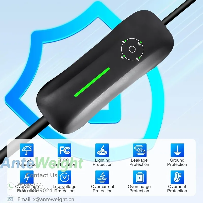 3.5KW 32A Portable EV Charger, NACS & Schuko Plug, IP67 Charging Cable for Electric Vehicles