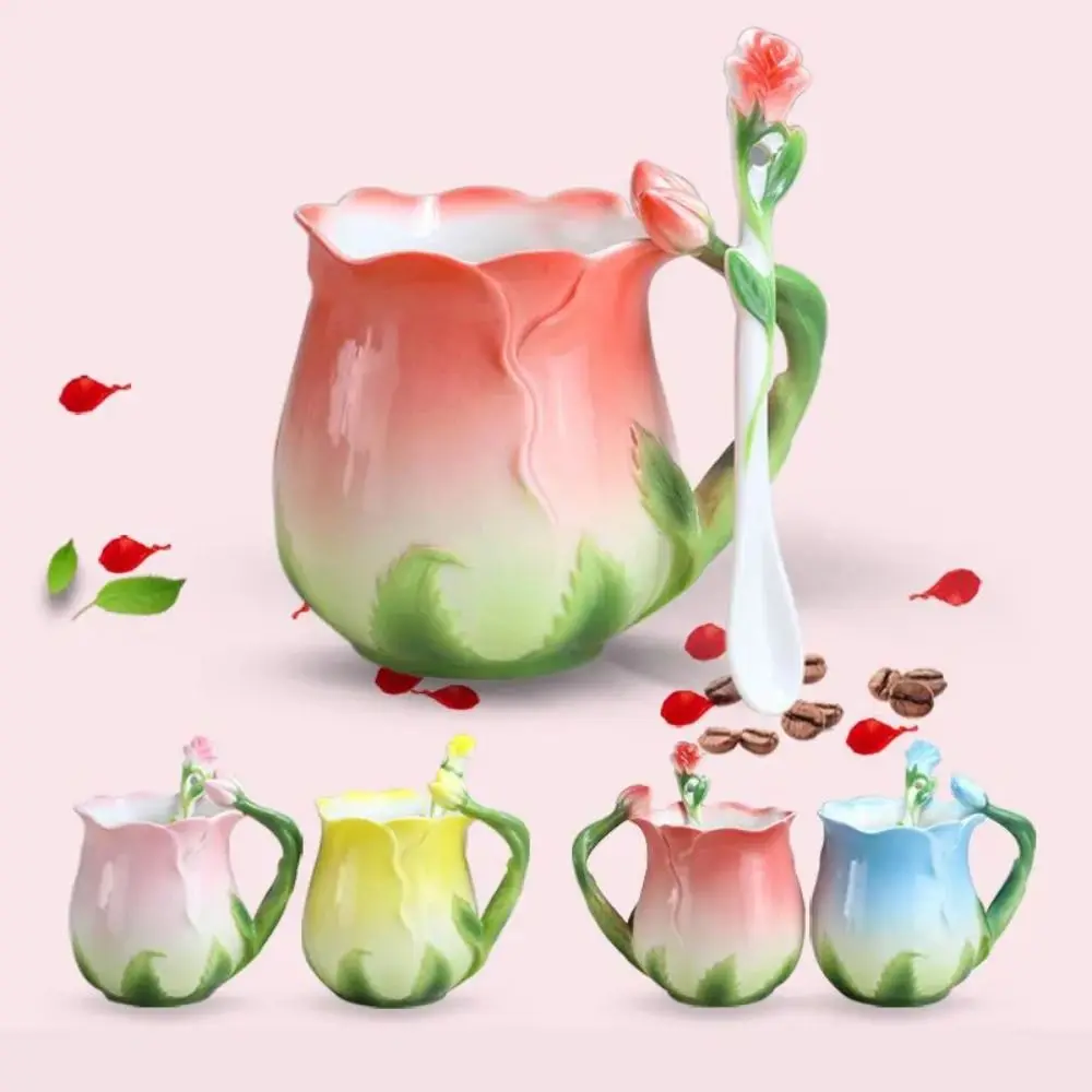 with Spoon 3D Rose Flower Coffee Mug Rose Shape Comfortable Handle Creative Ceramic Water Cups Non-slip Realistic