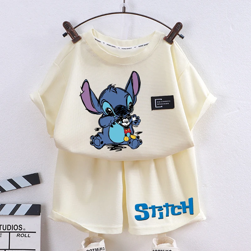 New Cute Lilo Stitch Children T-Shirt Shorts Set Boys Girls Disney Cartoon Printed Short Sleeves Tops Summer 2024 Kids Clothes