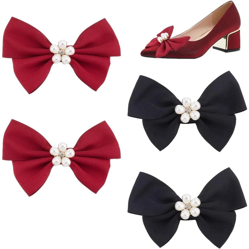 2 Pairs Bow Shoe Clips Ribbon, 2 Colors Bow Knot Shoe Buckle Elegant Shoe Shoes Clip on Detachable Ribbon Decorative