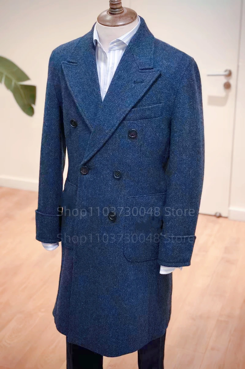 

Blue Men's Herringbone Long Coat Luxury Man Suit Top Woolen Casual Mens Suits Jackets Formal Clothes New Man Coats for Winter