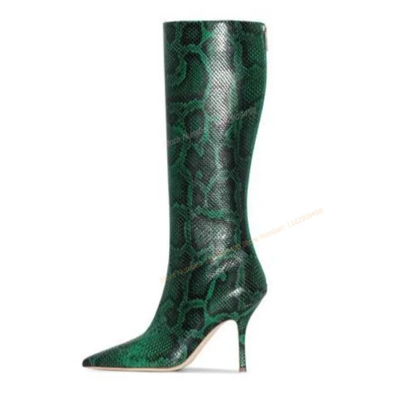 Green Snakeskin Knee High Boots Pointed Toe Shoes for Women Thin High Heels Sexy Autumn Winter Shoes 2023 Zapatos Para Mujere