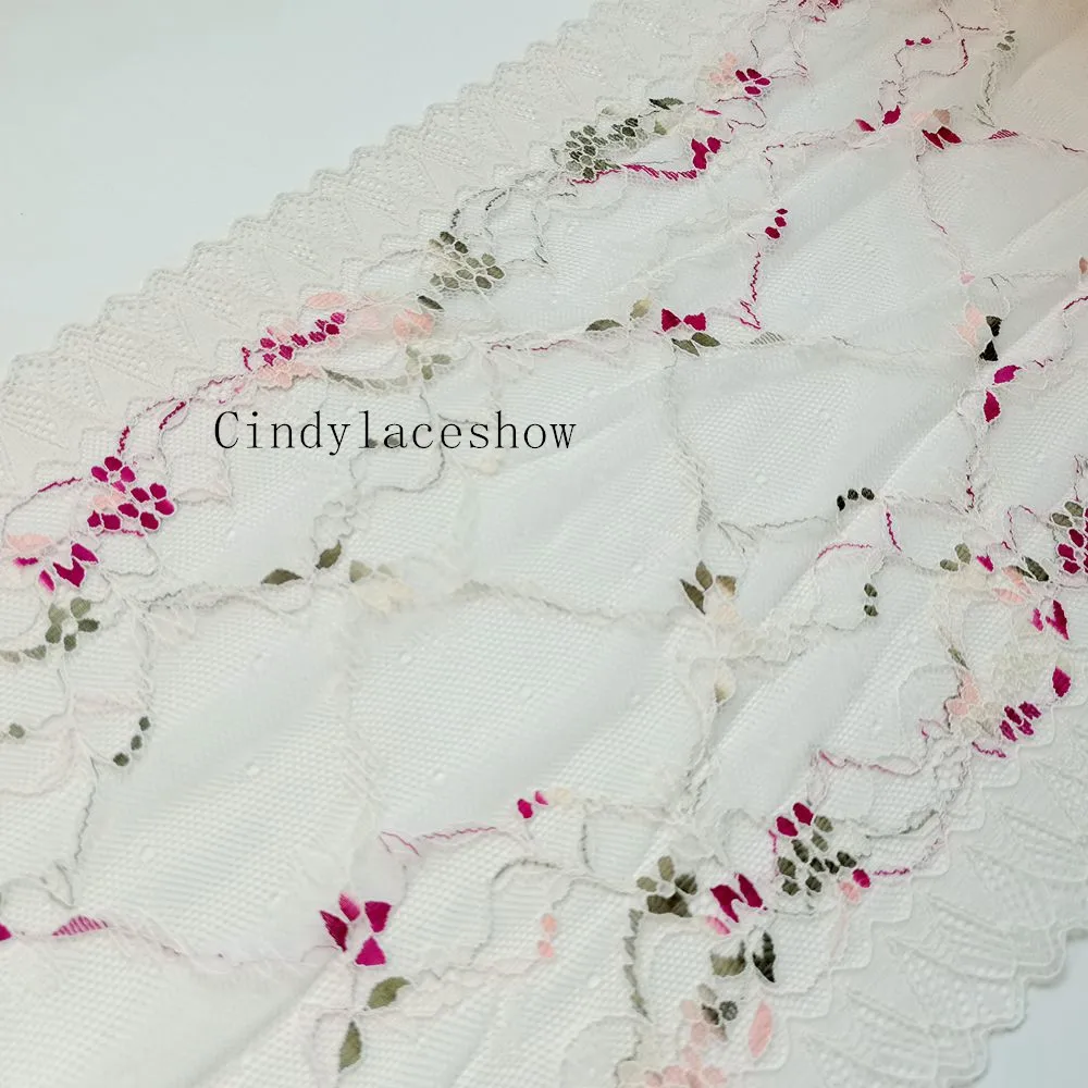 2Yards 22CM Width Small Floral Embroidered Stretch Elastic Lace Trims For Sewing Underwear Bra Dress Clothes Accessories White