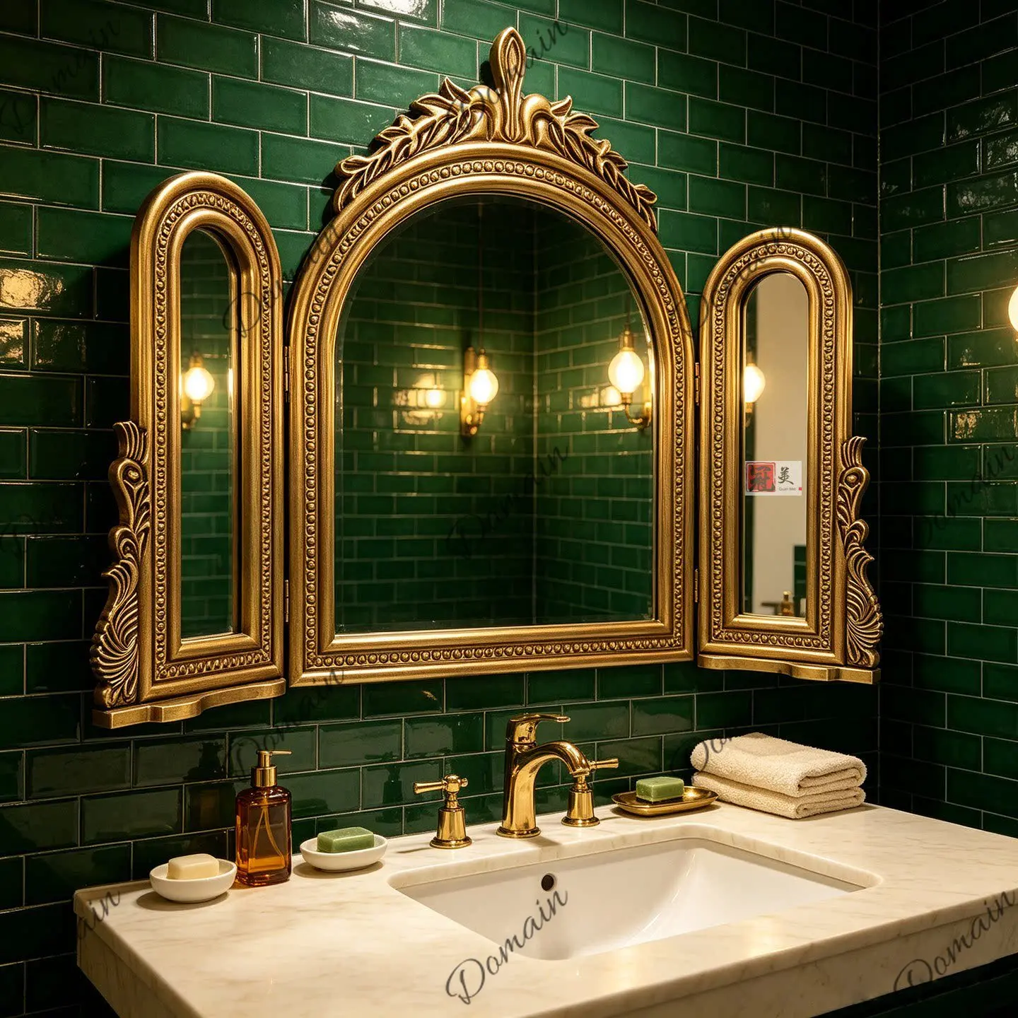 French three-sided vanity mirror wall-mounted American retro bathroom bathroom mirror European carved three-fold vanity mirror