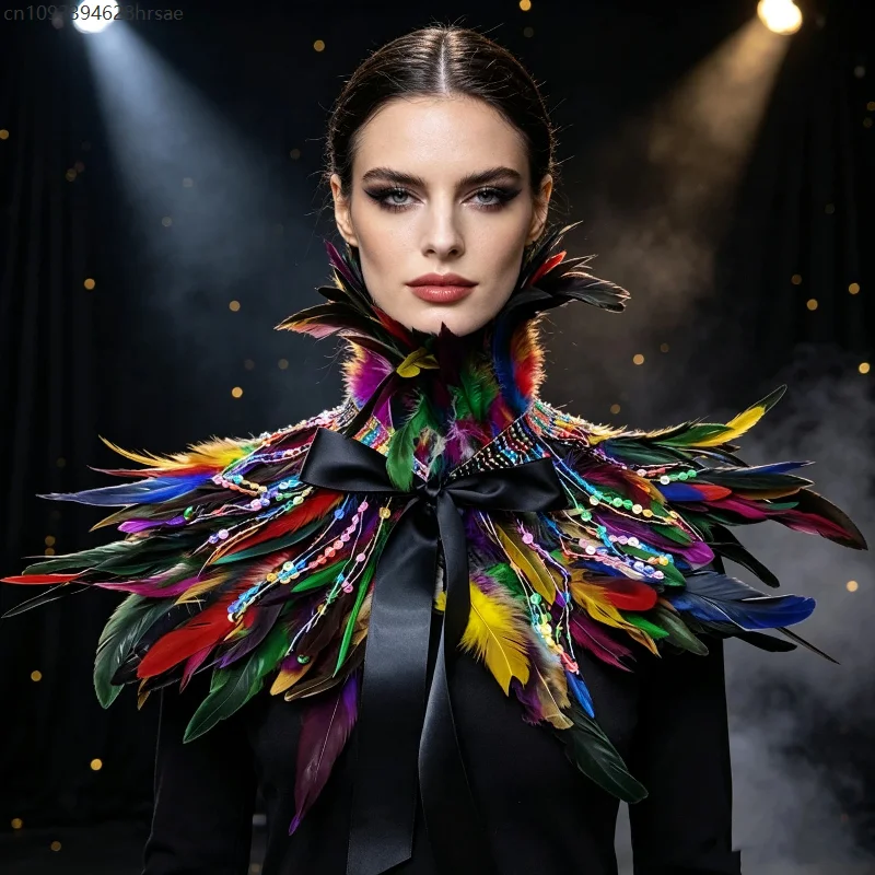 Colorful Feather Shoulder Collar Gothic Neck Choker Multicolor Sequined Feathers Masquerade Party Cosplay Costume Prop For Adult