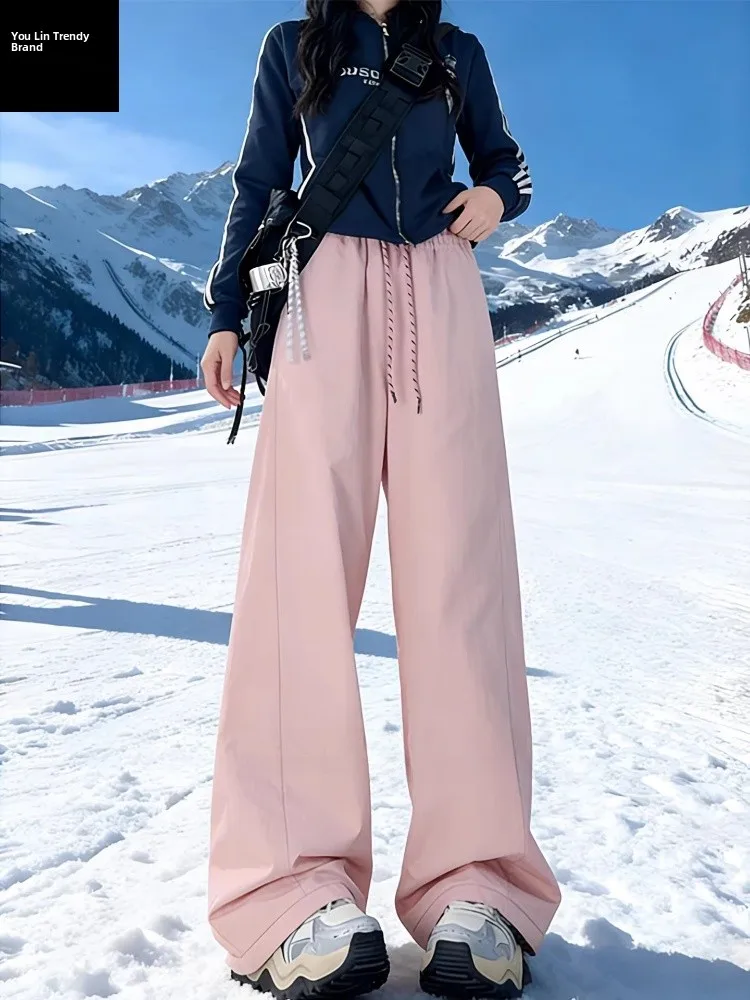 

Men's Outdoor Winter Ski Pants Fce Lined Waterproof Windproof Warm Wide Leg Trousers Casual Loose Fit Cotton Trousers