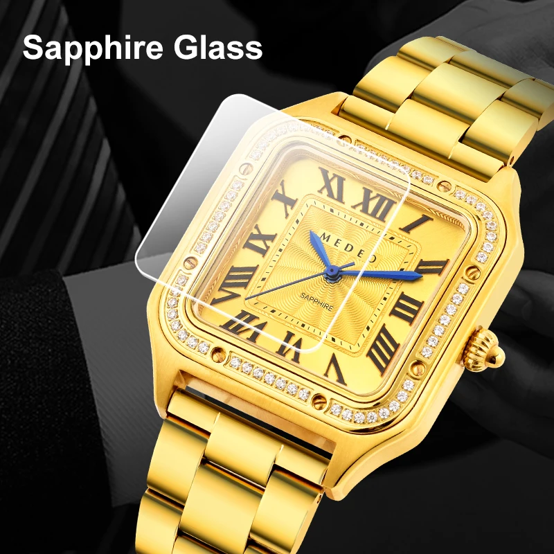 Orologio da amante in oro rettangolare in acciaio inossidabile di alta qualità, vetro zaffiro, diamante, tutto in oro, coppia, orologio da polso per uomo e donna