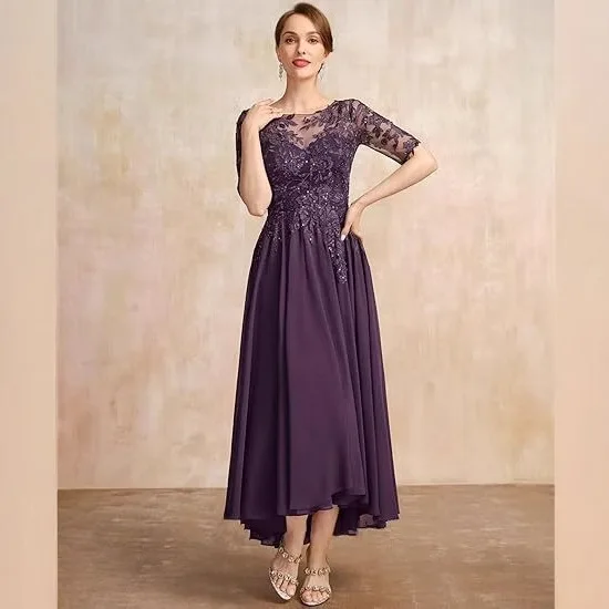 

Customized Mother of Dresses Vintage A Line Scoop Chiffon Applique Evening Gown Tea-length Sequin Formal Bride Party Dress robes