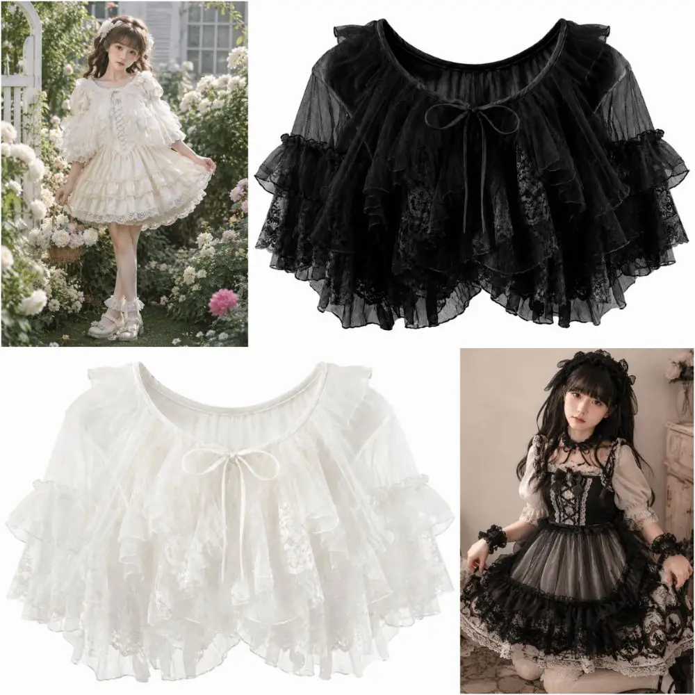 

Versatile White Black Lolita Short Shawl Lace Mesh Sheer Princess Capes Cardigan Open Front Ruffles Ace Mesh Skirt Women