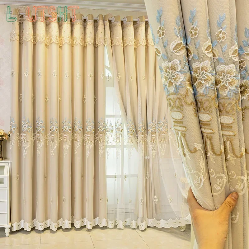 Custom Size High Shading Curtains for Bedroom Double-layer Embroidered Tulle Integrated Living Room Wedding Decoration Curtain