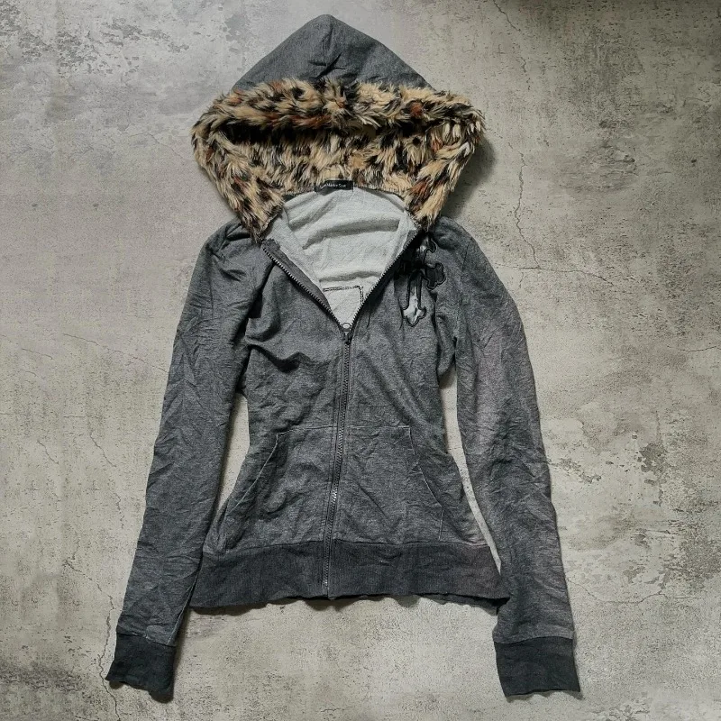 American Y2K Leopard Print Plush Slim Patchwork Zipper Hoodie Y2K Retro Gothic Hip Hop Hot Girl Loose Casual Street Hoodie