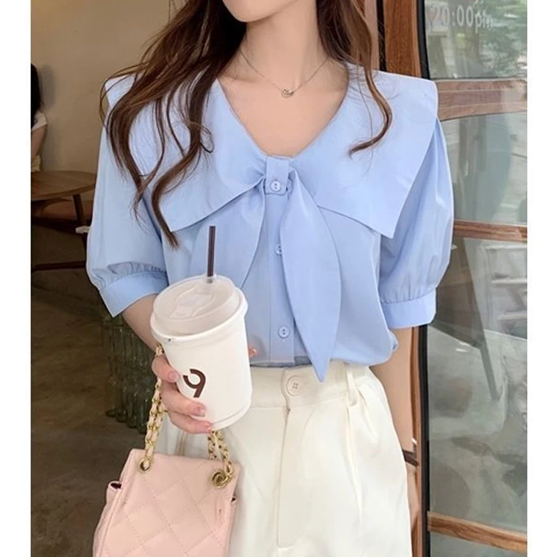 

Women Clothing Temperament Solid Loose Youth Shirt Tops Short Sleeve All-match Simplicity Fashion Blouse Summer New Korean Trend
