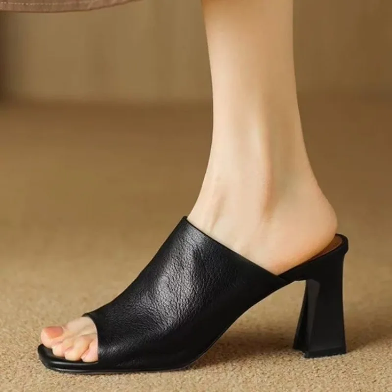 

Women's shoes high quality leather square high heels open toe sandals women's slippers high heels in casual comfortable outdoor