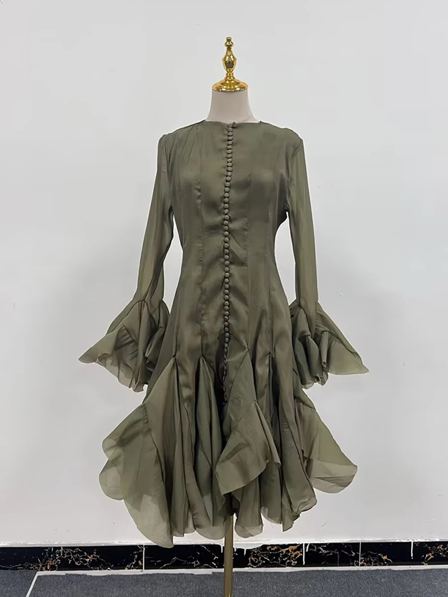 TWOTWINSTYLE Solid Spliced Button Slimming Dresses For Women O Neck Long Sleeve High Waist Patchwork Ruffles Female Fashion New image 6