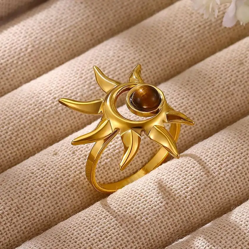 Stainless Steel Natural Tiger Stone Sun Rings for Women Imitation Pearl Vintage Autumn Winter Style Personalized Jewelry Gift