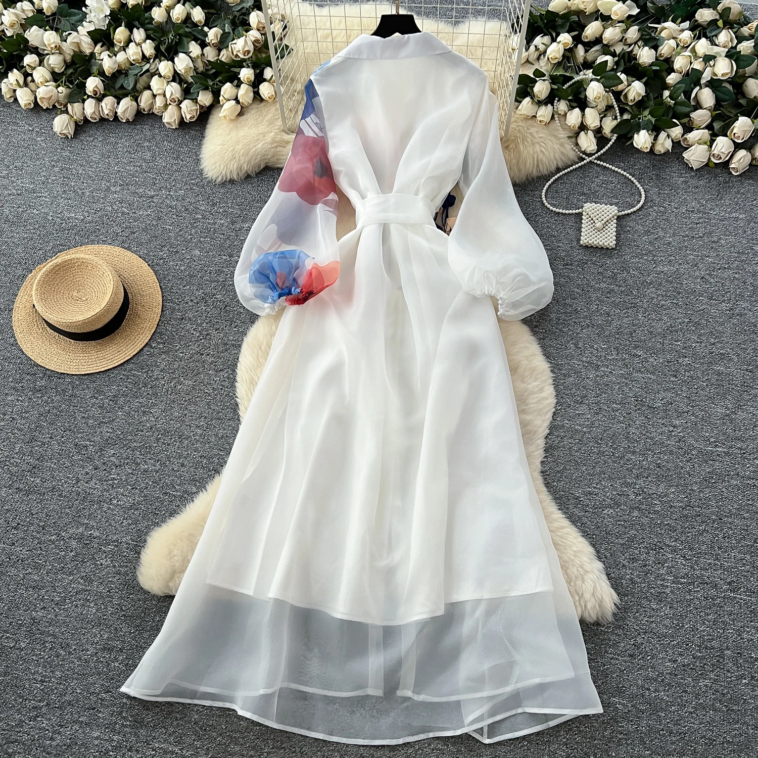 Clothland Damen Vintage Blumenhemd Kleid Schärpen Laterne Ärmel Einteiler Weiß Schwarz Mesh Retro Maxikleider QE197