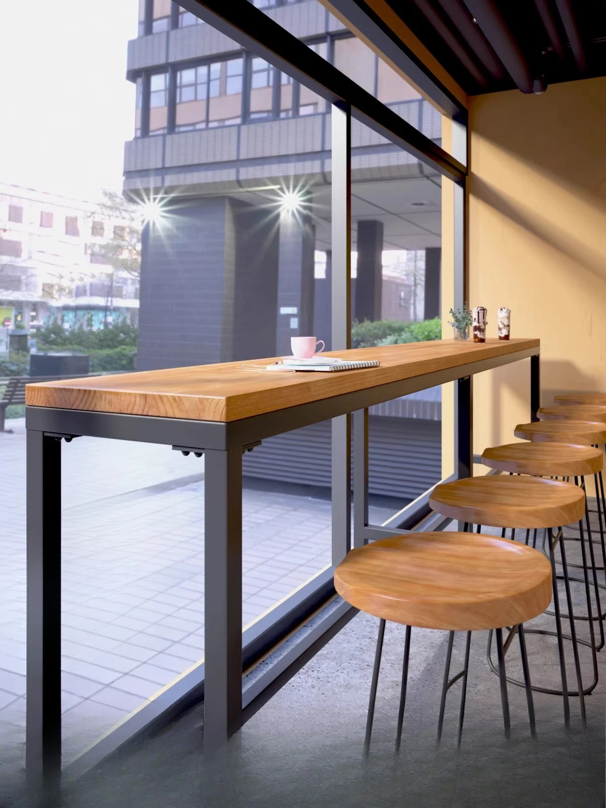 

Commercial wrought iron solid wood wall table, bar bar table, cafe milk tea shop long narrow table