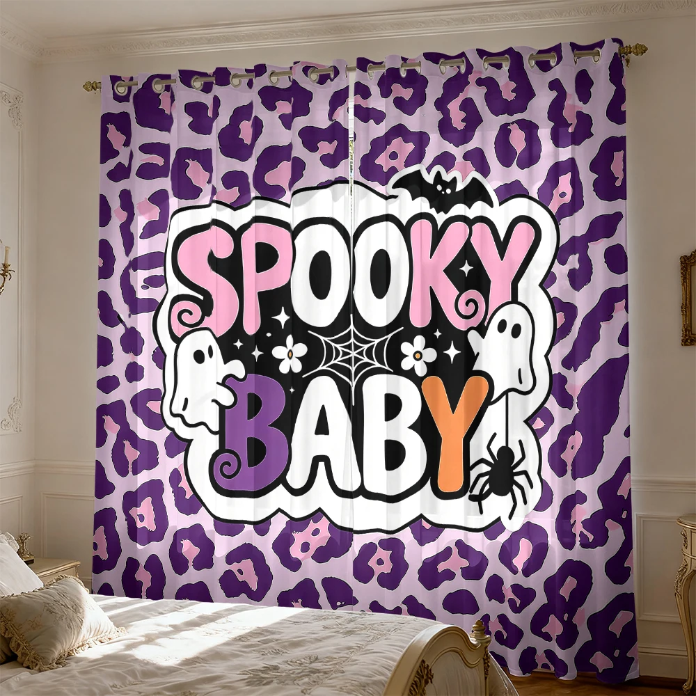2pcs 90-gram polyester curtains SPOOKY BABY Halloween ghost spider leopard print design perfect home decoration