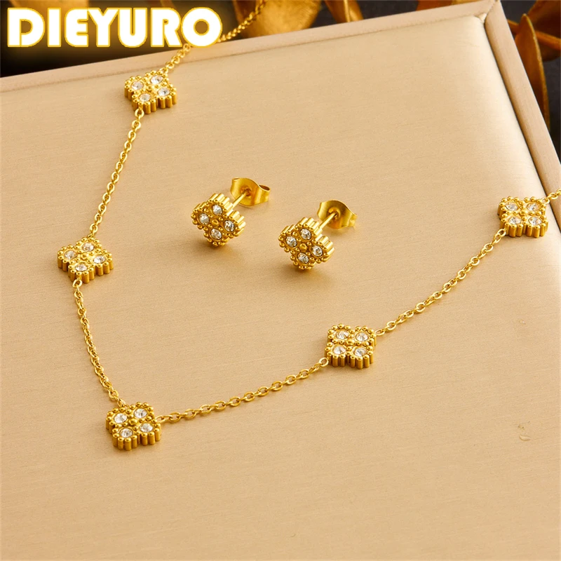 DIEYURO 316L Stainless Steel Zircon Splicing Golden Flowers Necklace Earrings Women Girl Set New Trend Non-fading Jewelry Suit