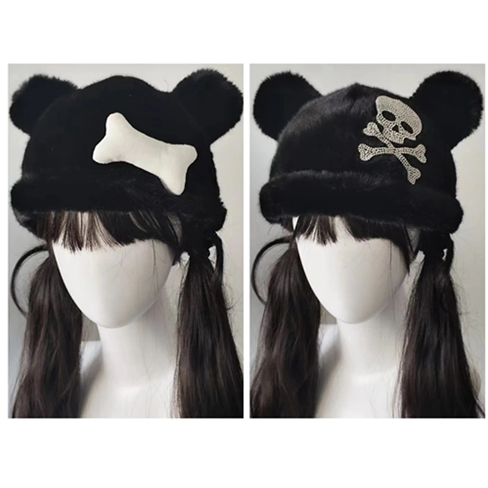 

Y2K Skull Bone Rock Roll Fake Fur Hat Hip-hop Cap Soft Warm Ladies Lolita Punk Sweet Cool Skull Beanies Cap for Women