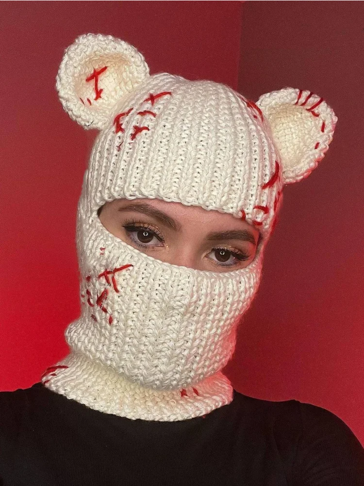 Cute Full Face 모자 Cover Ski Mask Hat with Bear Ear Balaclava Knitted Hats Windproof Skullies Beanies Winter Warm Unisex Caps